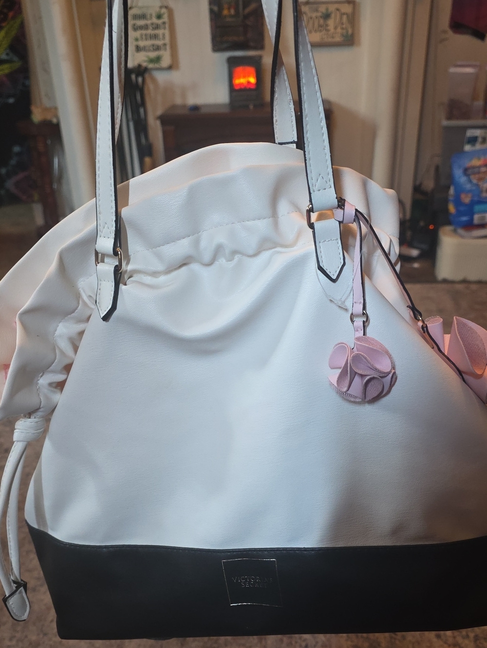 Victoria's Secret White and Black Tote with Pink Flower Charm